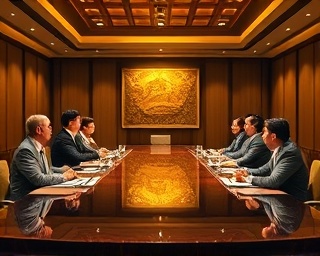 dynamic pitch presentation, determined expression, persuading investors, photorealistic, luxurious boardroom with an expansive table, highly detailed, parallax slide effects, 8k resolution, golden hues, spotlight lighting, shot with a 70-200mm lens