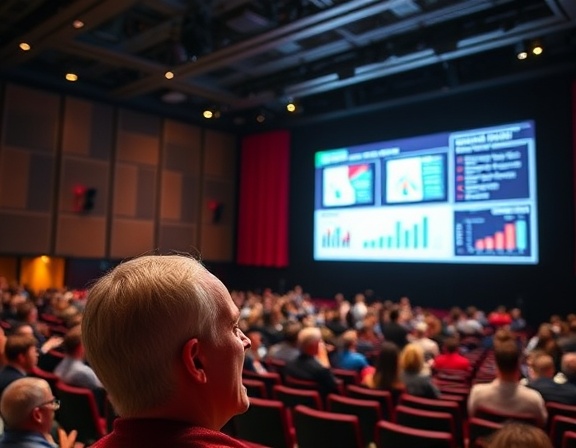 innovative pitch presentation, enthusiastic expression, explaining key concepts, photorealistic, spacious auditorium with a large LED screen, highly detailed, interactive graphs and charts, ultra HD, dynamic contrast, stage lighting, shot with a 24-70mm lens