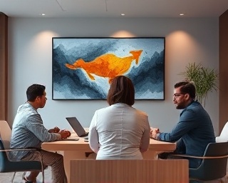 stylish pitch graphics, serious expression, discussing market trends, photorealistic, contemporary meeting room with abstract art, highly detailed, smooth fade effects, 4k resolution, subtle colors, soft lighting, shot with a 105mm lens