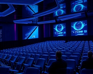 avant-garde pitch deck, visionary expression, presenting new ideas, photorealistic, futuristic auditorium with holographic displays, highly detailed, interactive elements on slides, ultra HD, electric blues, ambient glow, shot with a 45mm lens