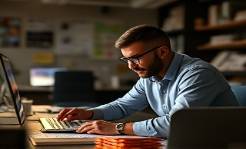 cunning marketing communication expert, analytical expression, devising strategic messaging, photorealistic, focused workspace filled with marketing models, highly detailed, content-rich strategy session, UHD, deep earthy tones, pinpoint lighting, shot with a 24mm lens.